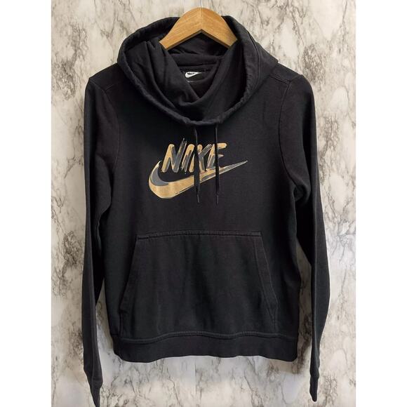 Nike Women's Fleece Funnel-Neck Black/Gold Hoodie Sweatshirt Sz M - Picture 1 of 4